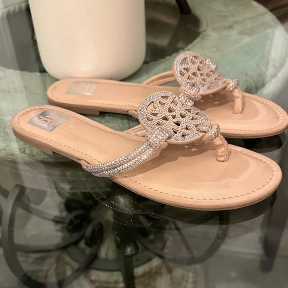 New! Dolce Vita Beige Gotie Sandals with Sparkling Rhinestones Strap Slide sz 9 - Picture 5 of 8